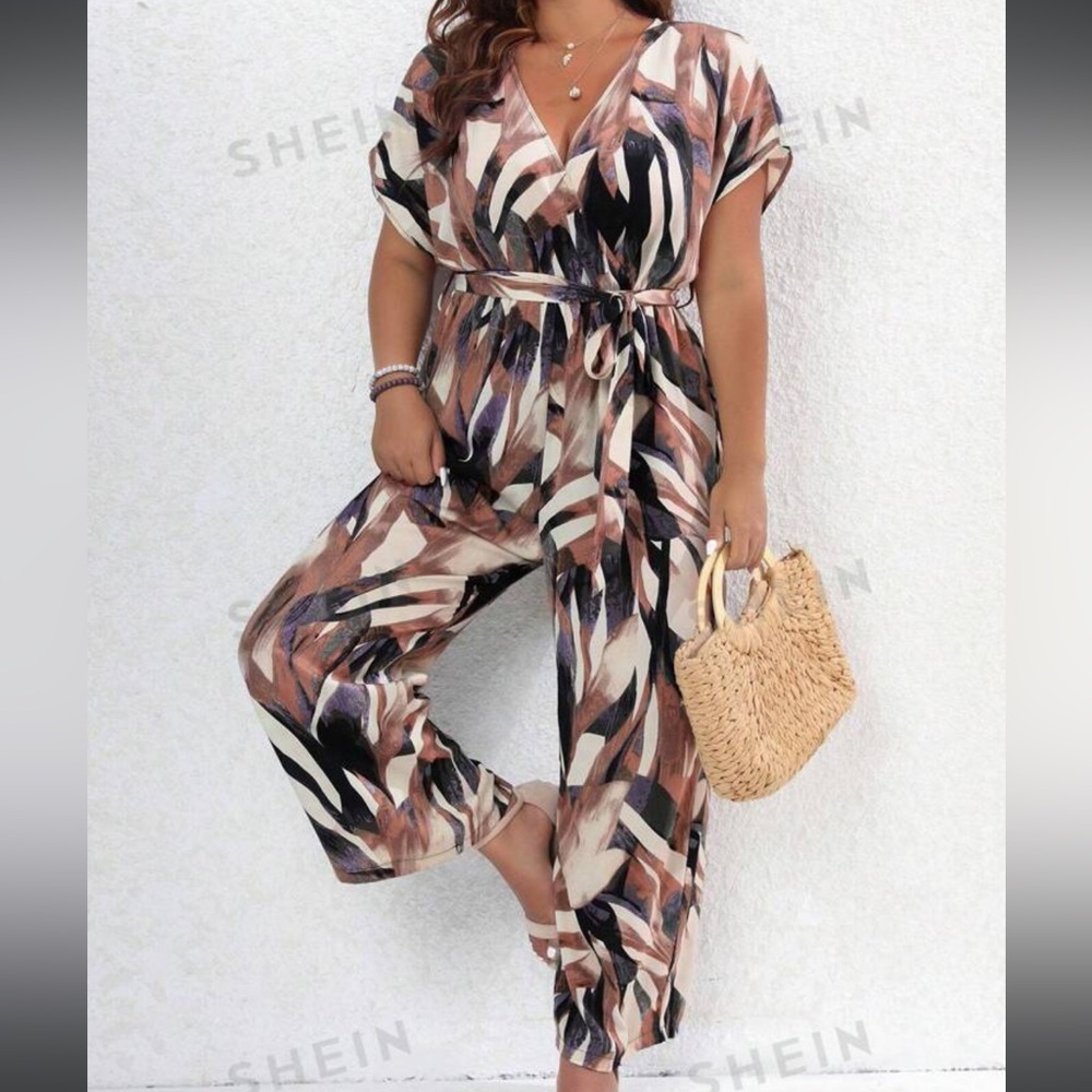 Tropical print, batwing sleeve belted wide leg jumpsuit